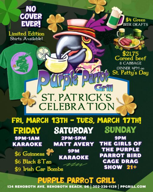 Follow the 🌈 to Purple Parrot! Happy St. Patrick’s Day Weekend everyone!! ☘️ You made it through winter and the season kicks off NOW! 

Celebrate with us all weekend long at the biggest party of the year!

#downtownrehoboth #purpleparrot #rehobothbeach #stpatricksday