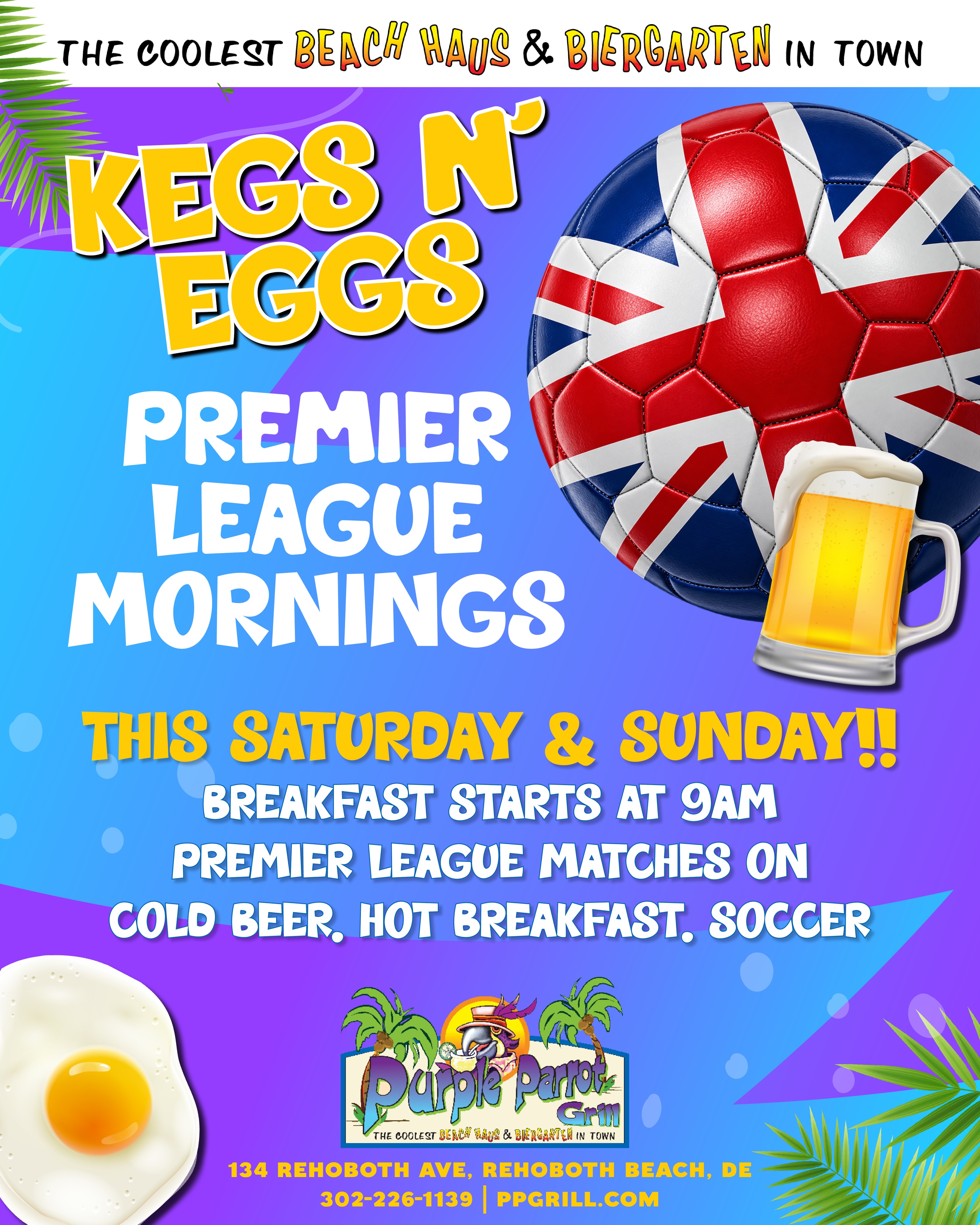 Premier League Soccer is on this Weekend at The Purple Parrot! ⚽️ 🇬🇧 The matches start early! We open at 9am for breakfast on Saturday & Sunday! 🍳🍺 Bar is open too, so beer will be flowing. Pair that with our traditional breakfast menu and you’ve got yourself a good ol Kegs n Eggs going down!! 
#premierleague #soccer #thisweekend #kegsandeggs #rehobothbeach