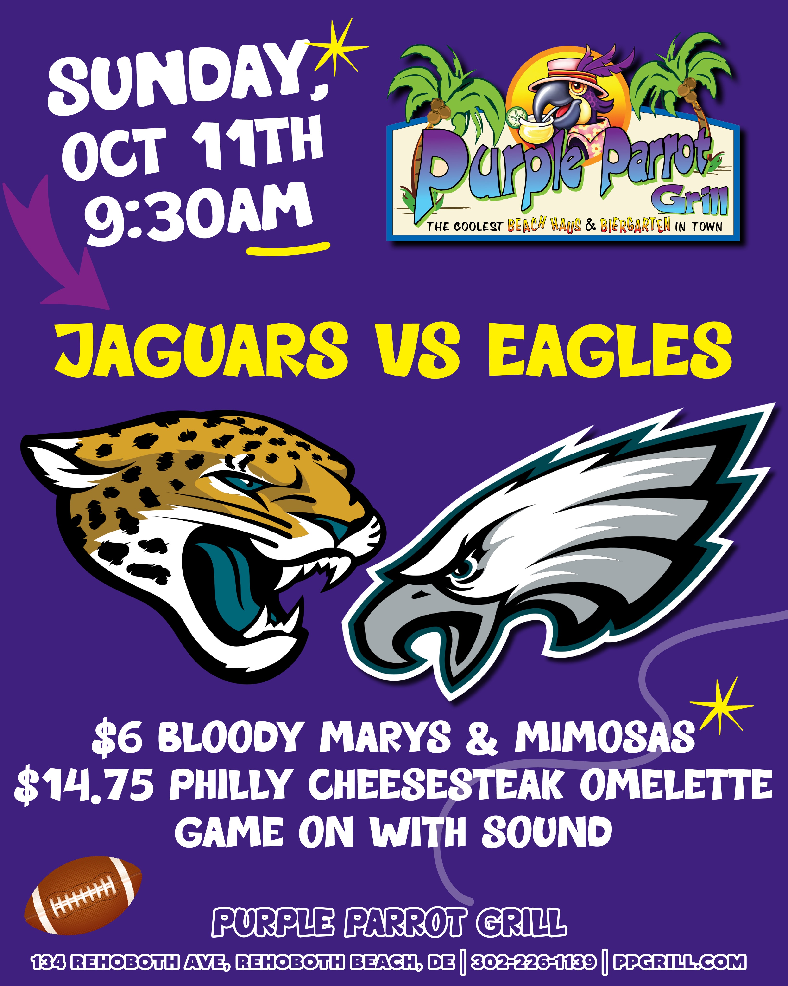 London game is ON this Sunday at 9:30am at The Parrot in downtown Rehoboth. Sound on for Eagle v Jaguars 📣 And to kick off the morning in proper fashion, as the Bri-ish would say, we will have $6 Bloody Marys and Mimosas, plus a $14.75 Philly Cheese Omelette special. 

Go EAGLES 🦅 

#phillygame #eaglesnation #uk #sundayfootball #nfl
