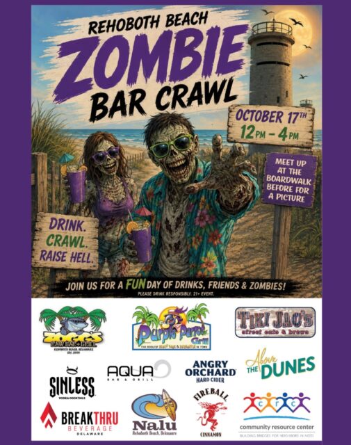 Get ready for the Zombie Crawl! 🧟 🪦 Not this Saturday, but next Saturday, Oct 17th put on your best Zombie costume anddd your best game face! It kicks off at noon on the boardwalk, we’ll be taking a group photo! 

Follow the Facebook page too! Facebook.com/zombiebarcrawl.

#zombies #spookyseason #barcrawl #downtownrehoboth #rehobothbeach